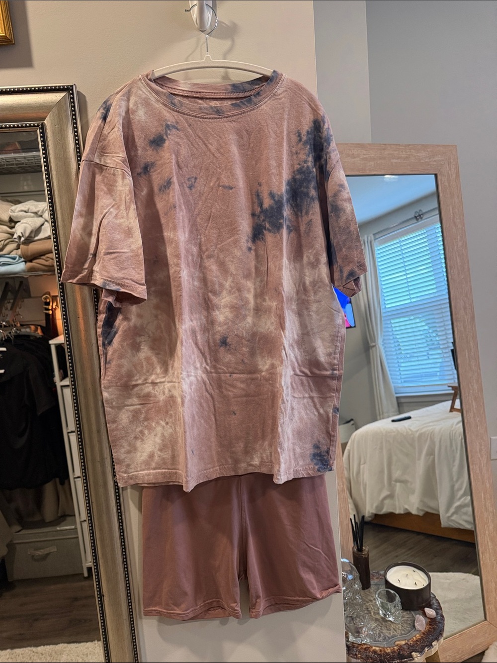 Amazon Tie-Dye Pink and Navy Short Sleeve Set w/ bike shorts
